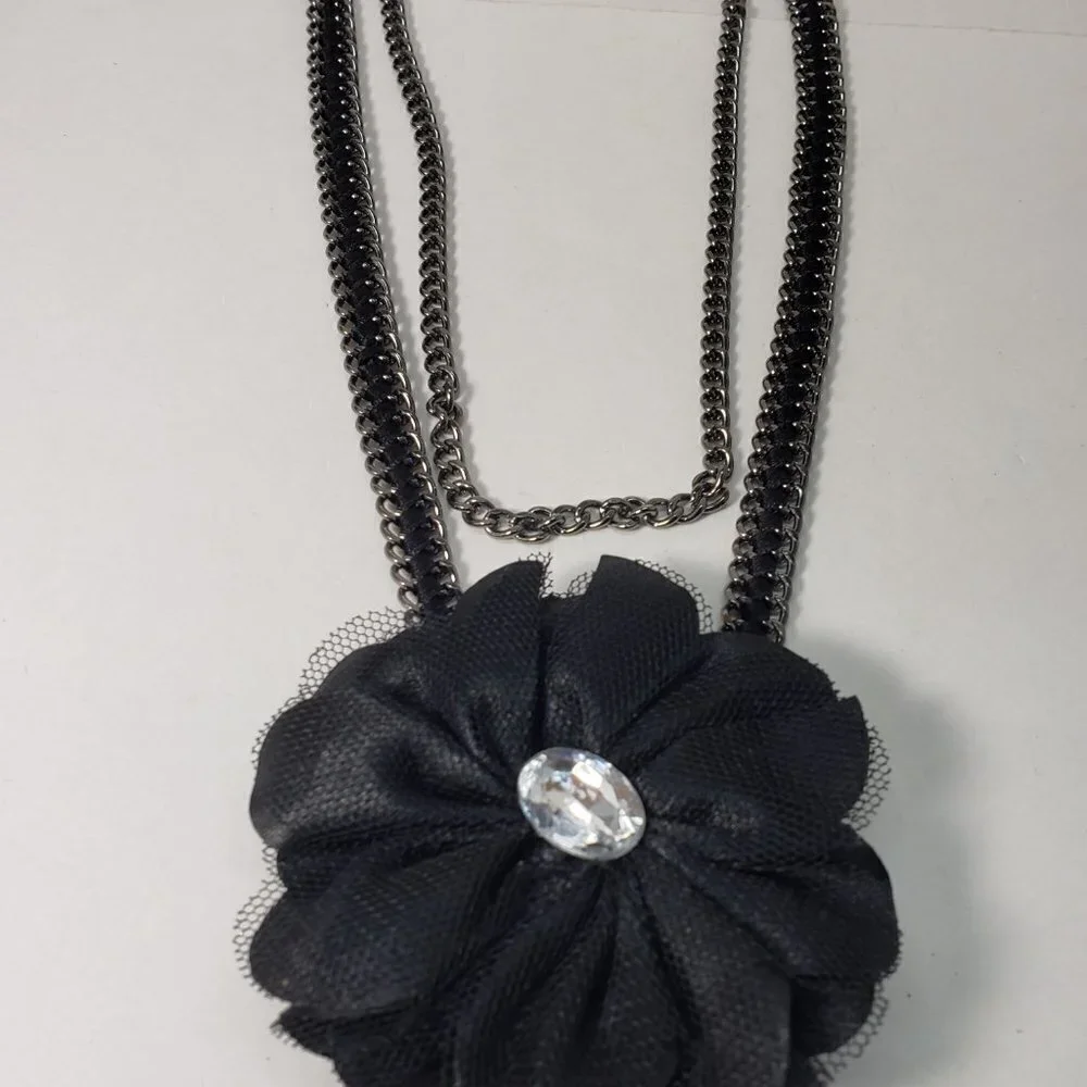 Polished Layered of Black Metal Crystal & Black Flower Design Brooch Necklace